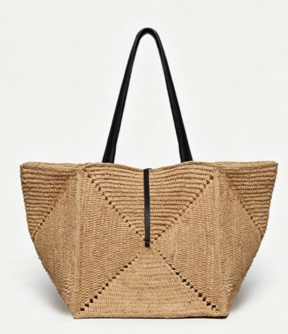 Geometric Hand-Woven Raffia Large Beach Tote Bag
