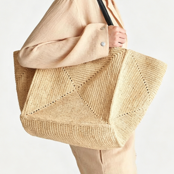 Geometric Hand-Woven Raffia Large Beach Tote Bag