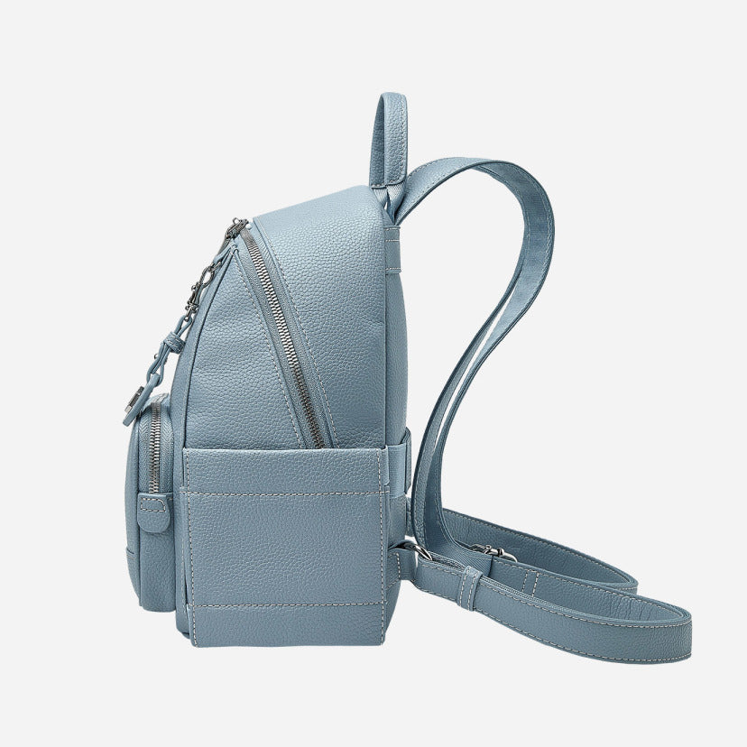 Dusty Blue Pebbled Faux Leather Multi-Pocket Mini Backpack