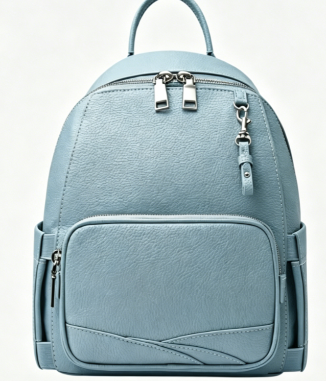 Dusty Blue Pebbled Faux Leather Multi-Pocket Mini Backpack