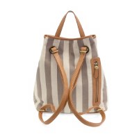 Neutral Striped Canvas Convertible Drawstring Backpack Tote