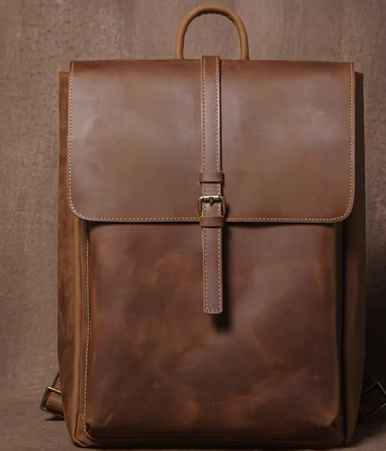 Vintage Distressed Leather Flap Laptop Backpack