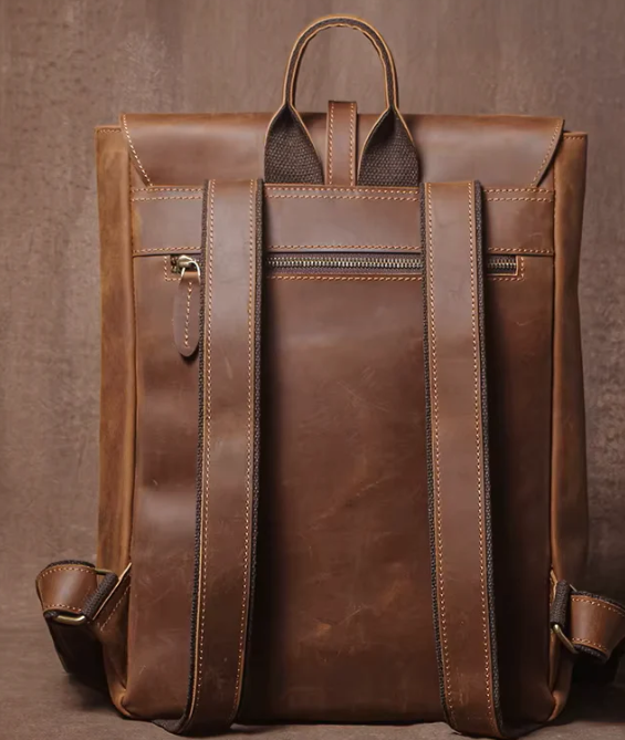 Vintage Distressed Leather Flap Laptop Backpack