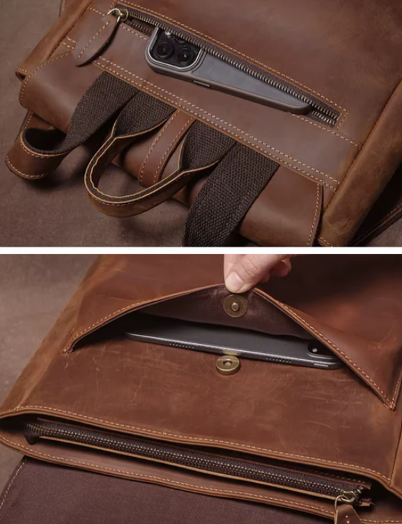 Vintage Distressed Leather Flap Laptop Backpack